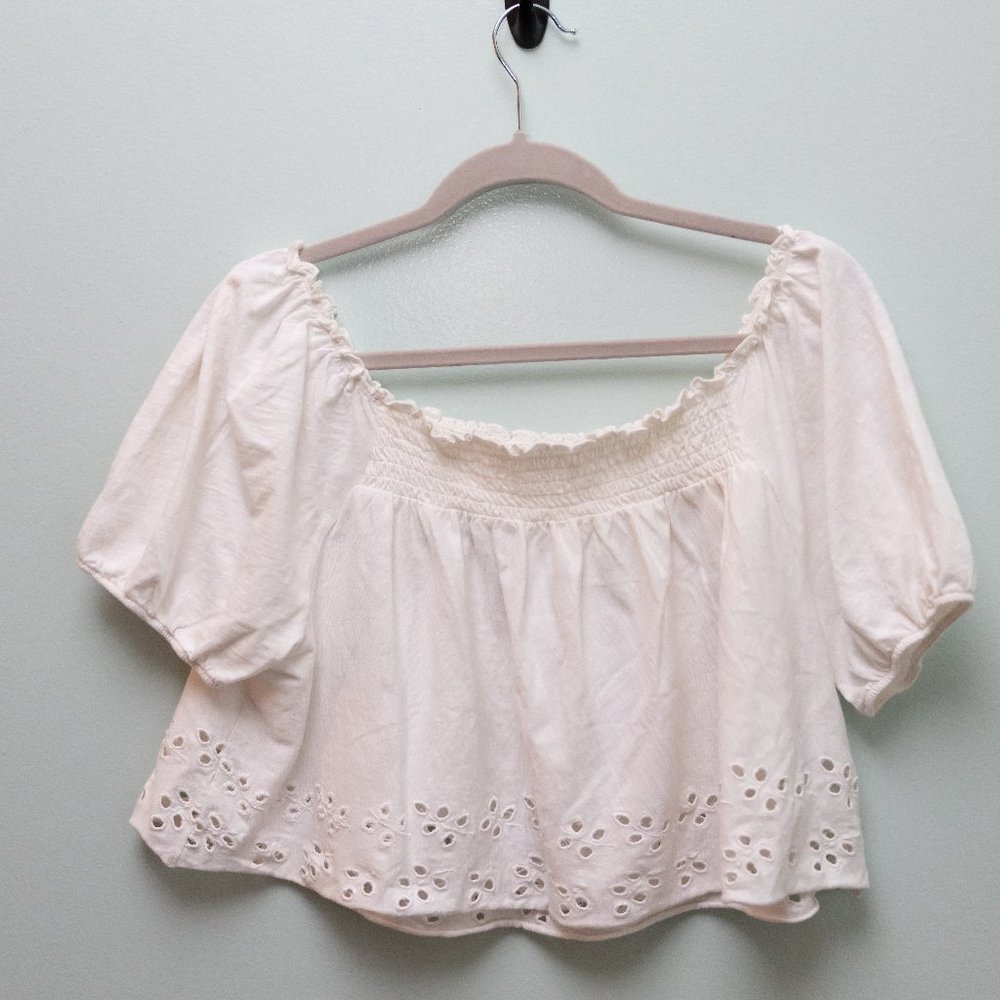 LIKE NEW - Flowy White Crop Top with Smock and Eyelet Embroidery Detail